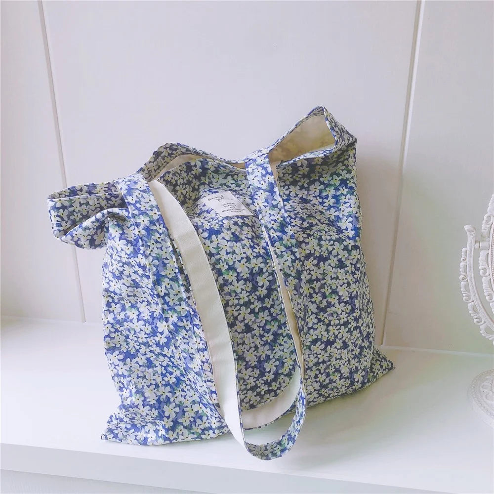256 Cotton Tote Bag Floral Flower Pattern Wear-resistant Large Capacity Canvas Shoulder Bag for Gym, Work, School - Blue Flower - 4