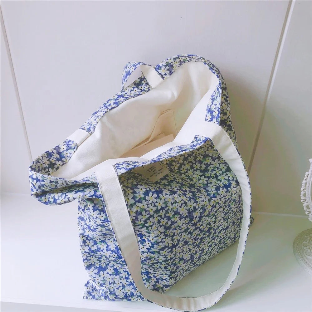 256 Cotton Tote Bag Floral Flower Pattern Wear-resistant Large Capacity Canvas Shoulder Bag for Gym, Work, School - Blue Flower - 5