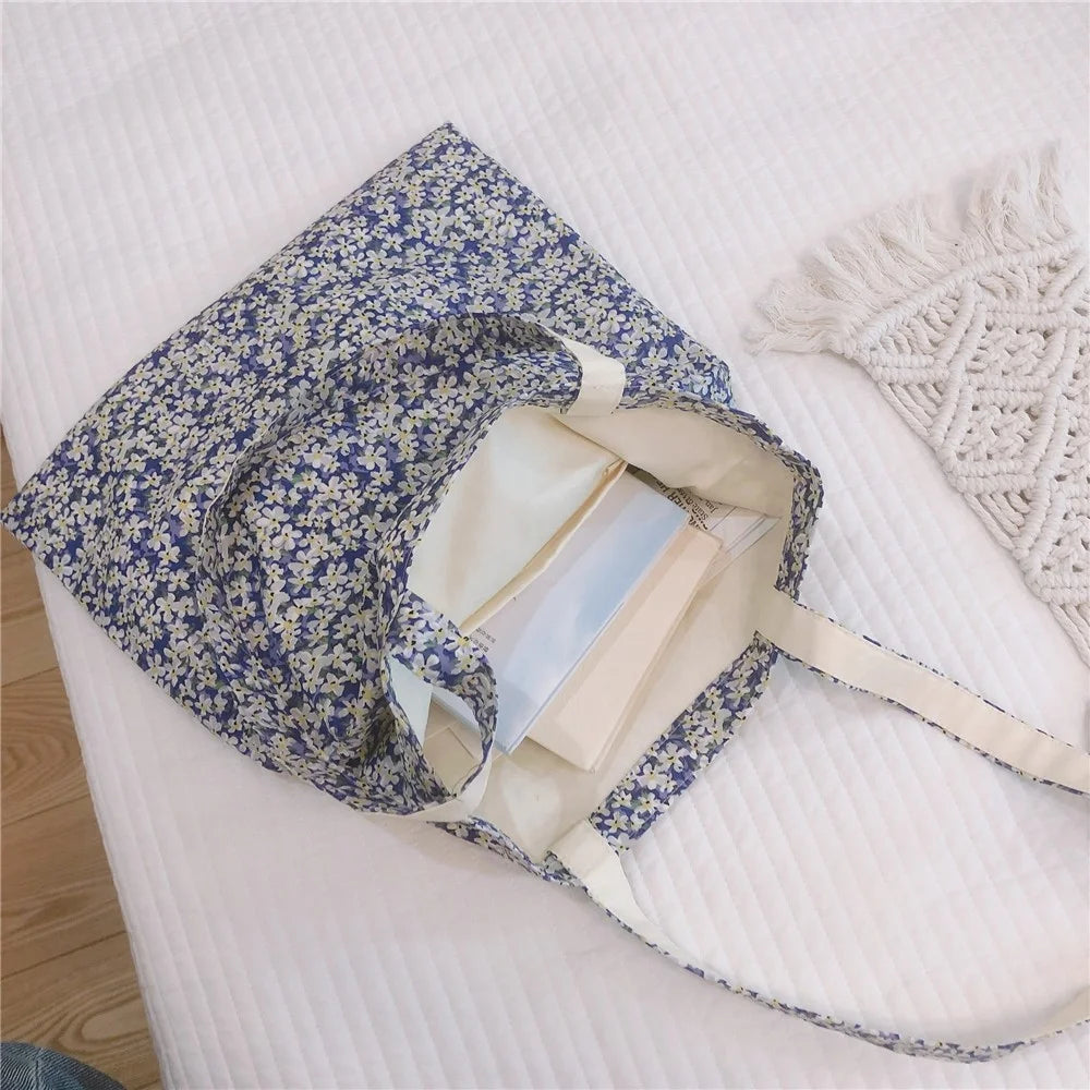 256 Cotton Tote Bag Floral Flower Pattern Wear-resistant Large Capacity Canvas Shoulder Bag for Gym, Work, School - Blue Flower - 6