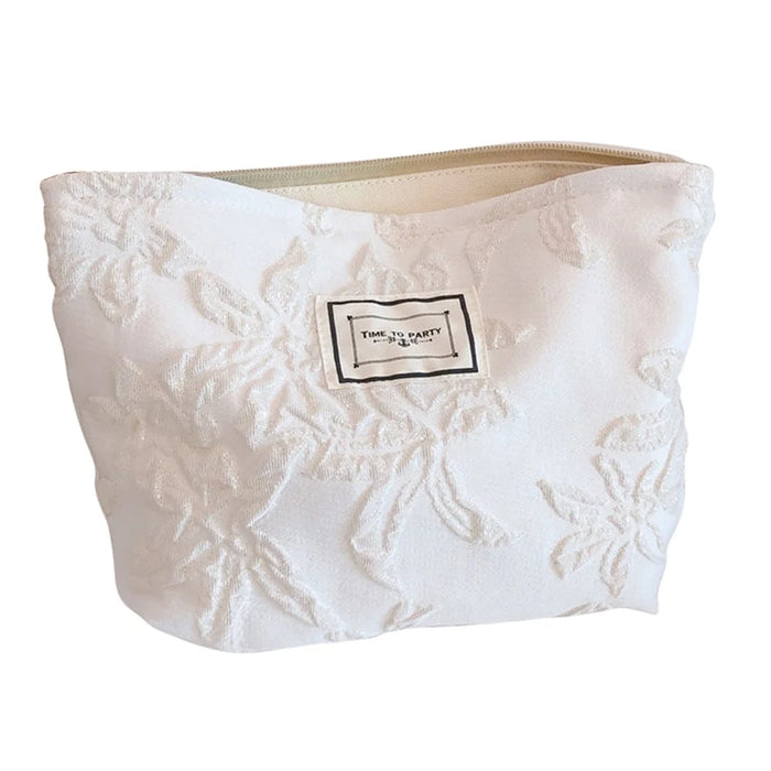 76 Canvas Makeup Cosmetic Bag Travel Organizer Embossing Flower Pattern Toiletry Travel Bag - White - 1