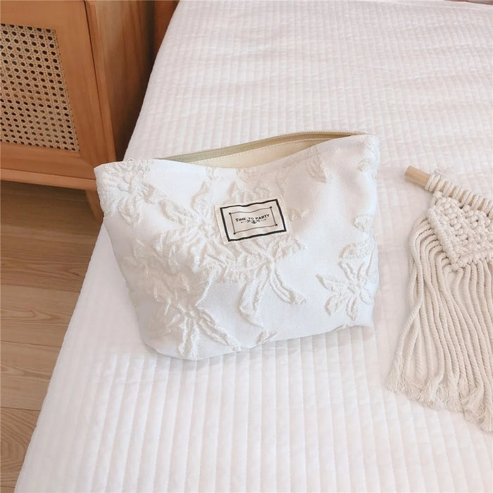 76 Canvas Makeup Cosmetic Bag Travel Organizer Embossing Flower Pattern Toiletry Travel Bag - White - 2