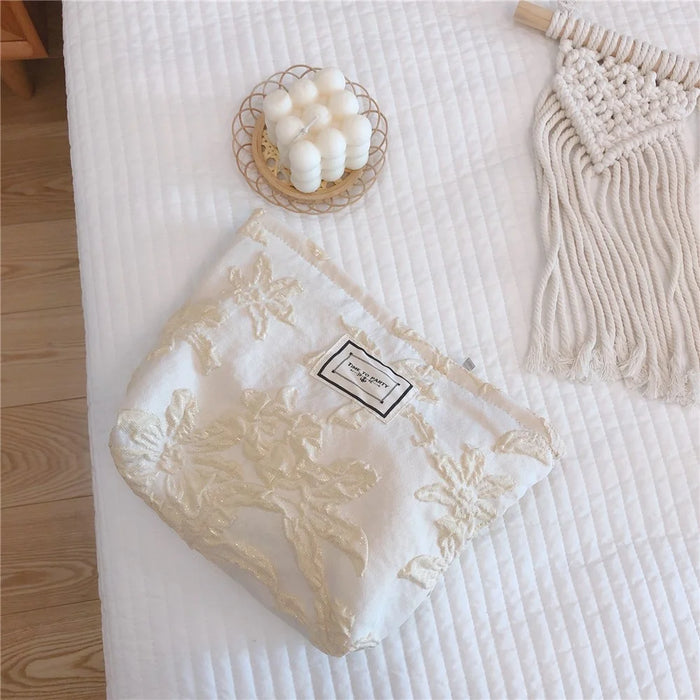 76 Canvas Makeup Cosmetic Bag Travel Organizer Embossing Flower Pattern Toiletry Travel Bag - White - 3