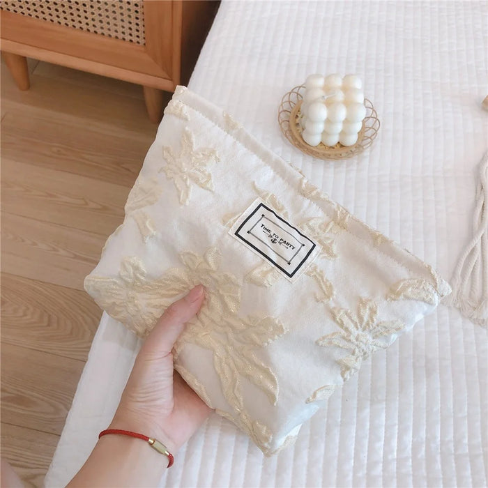 76 Canvas Makeup Cosmetic Bag Travel Organizer Embossing Flower Pattern Toiletry Travel Bag - White - 4