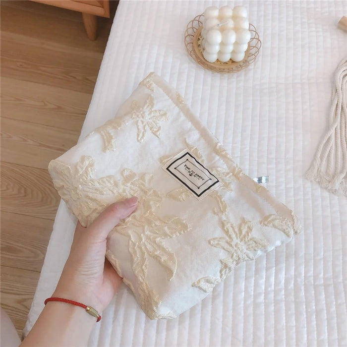 76 Canvas Makeup Cosmetic Bag Travel Organizer Embossing Flower Pattern Toiletry Travel Bag - White - 5