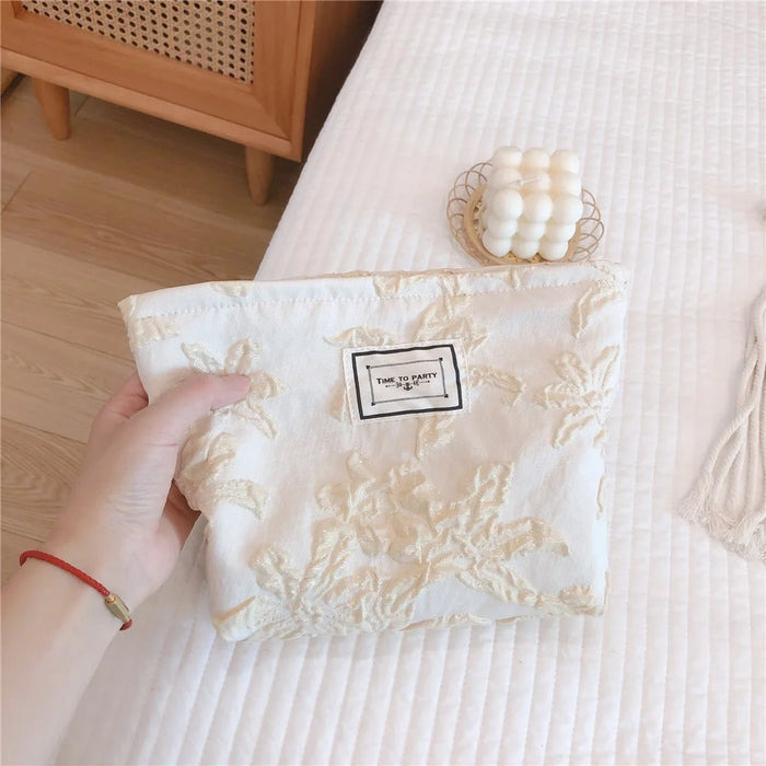 76 Canvas Makeup Cosmetic Bag Travel Organizer Embossing Flower Pattern Toiletry Travel Bag - White - 6