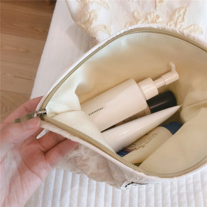 76 Canvas Makeup Cosmetic Bag Travel Organizer Embossing Flower Pattern Toiletry Travel Bag - White - 7