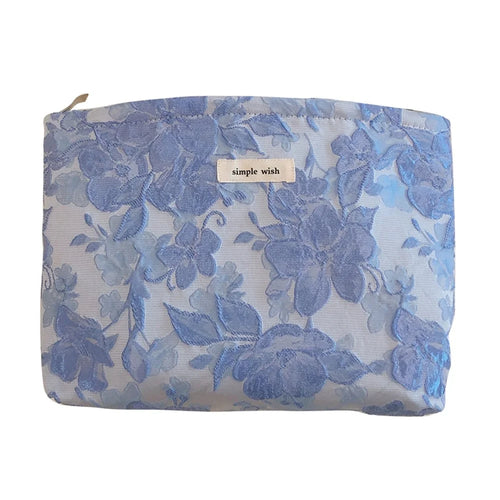 189 Lightweight Canvas Makeup Cosmetic Bag Embossing Big Flower Pattern Toiletry Travel Organizer Bag - Blue - 1