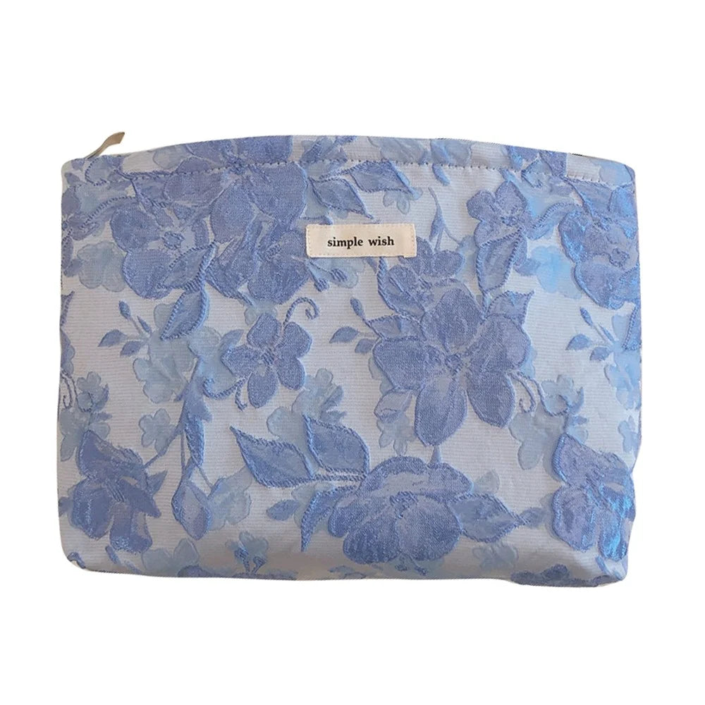 189 Lightweight Canvas Makeup Cosmetic Bag Embossing Big Flower Pattern Toiletry Travel Organizer Bag - Blue - 1