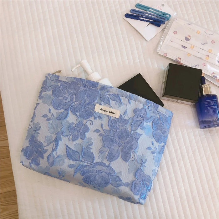 189 Lightweight Canvas Makeup Cosmetic Bag Embossing Big Flower Pattern Toiletry Travel Organizer Bag - Blue - 2