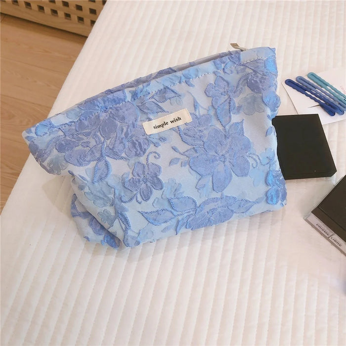 189 Lightweight Canvas Makeup Cosmetic Bag Embossing Big Flower Pattern Toiletry Travel Organizer Bag - Blue - 3