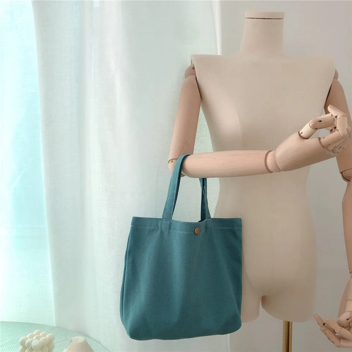 561 Solid Color Canvas Tote Bag Snap Button Small Handbag for Travel Shopping - Cyan - 3