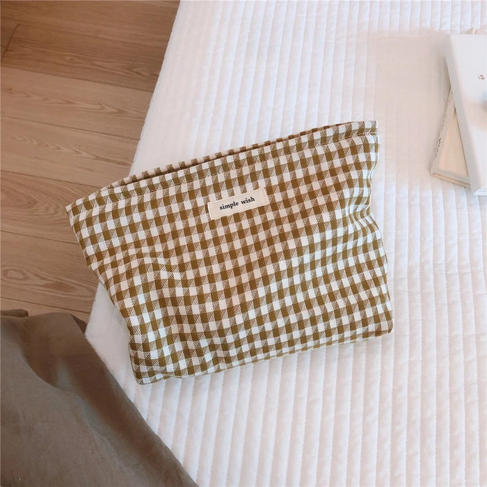 75 Retro Makeup Bag Houndstooth Pattern Toiletries Cosmetic Carrying Bag Organizer Storage Pouch for Travel - Khaki Big Grid - 2