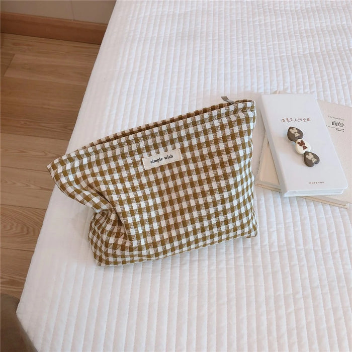 75 Retro Makeup Bag Houndstooth Pattern Toiletries Cosmetic Carrying Bag Organizer Storage Pouch for Travel - Khaki Big Grid - 3
