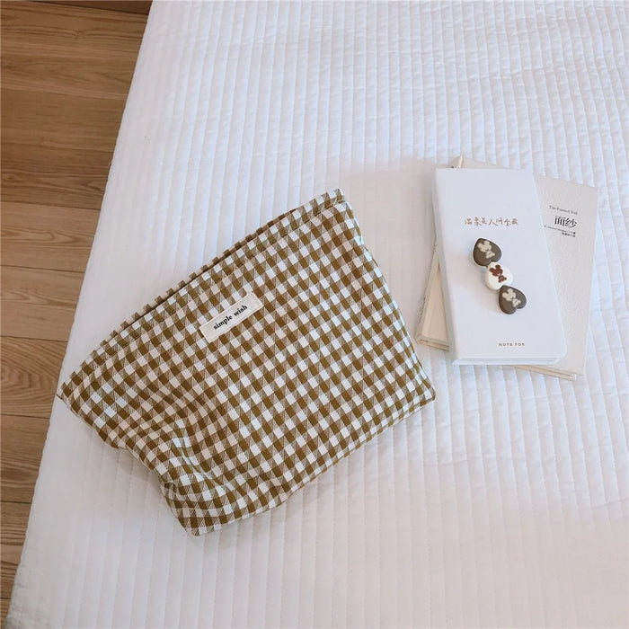 75 Retro Makeup Bag Houndstooth Pattern Toiletries Cosmetic Carrying Bag Organizer Storage Pouch for Travel - Khaki Big Grid - 4