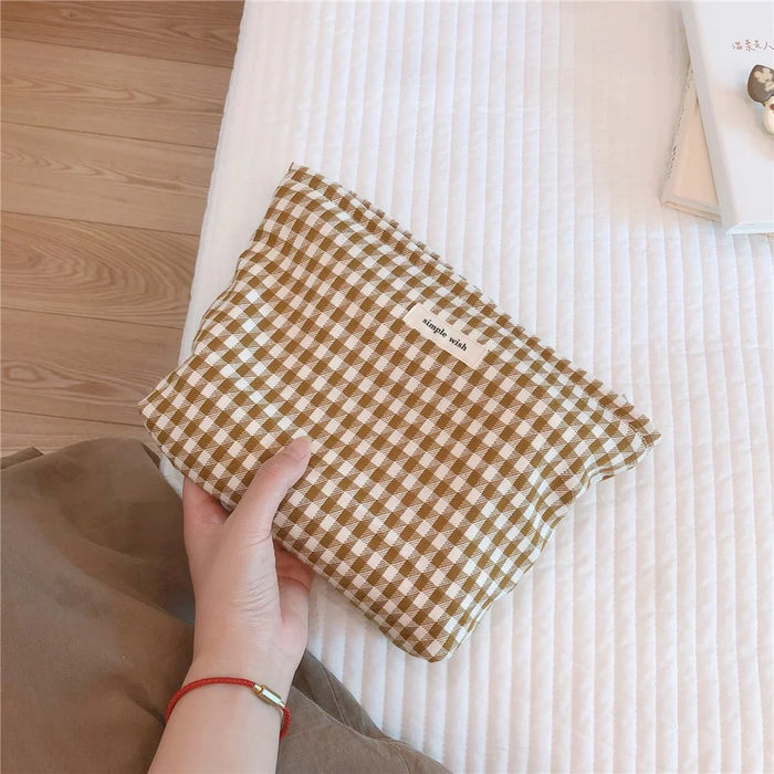75 Retro Makeup Bag Houndstooth Pattern Toiletries Cosmetic Carrying Bag Organizer Storage Pouch for Travel - Khaki Big Grid - 5