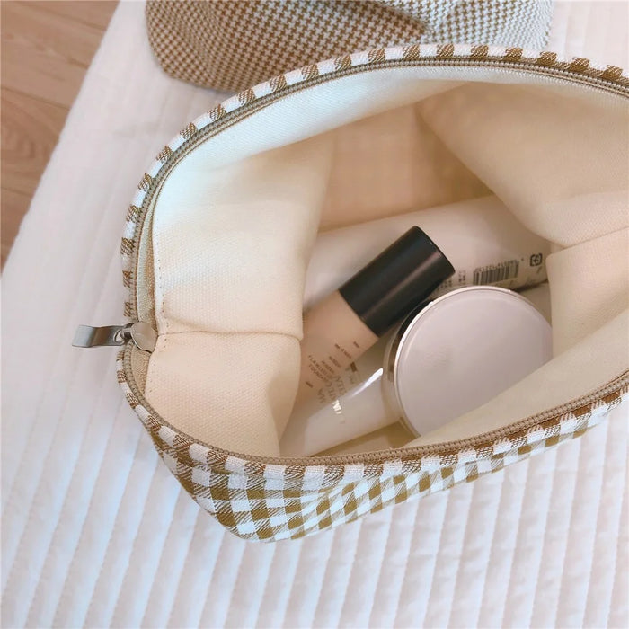 75 Retro Makeup Bag Houndstooth Pattern Toiletries Cosmetic Carrying Bag Organizer Storage Pouch for Travel - Khaki Big Grid - 6
