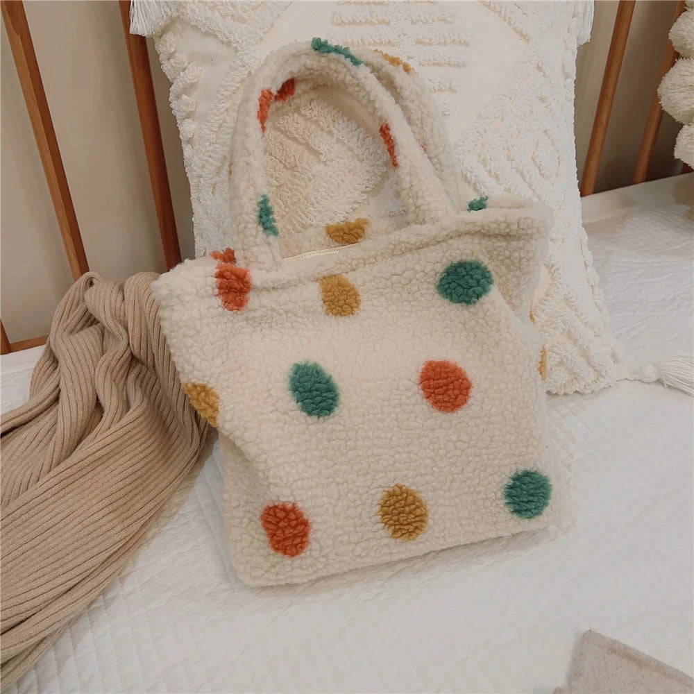 561 Vintage Polka Dot Fluffy Handbag Women Furry Tote Bag for Autumn and Winter - 2