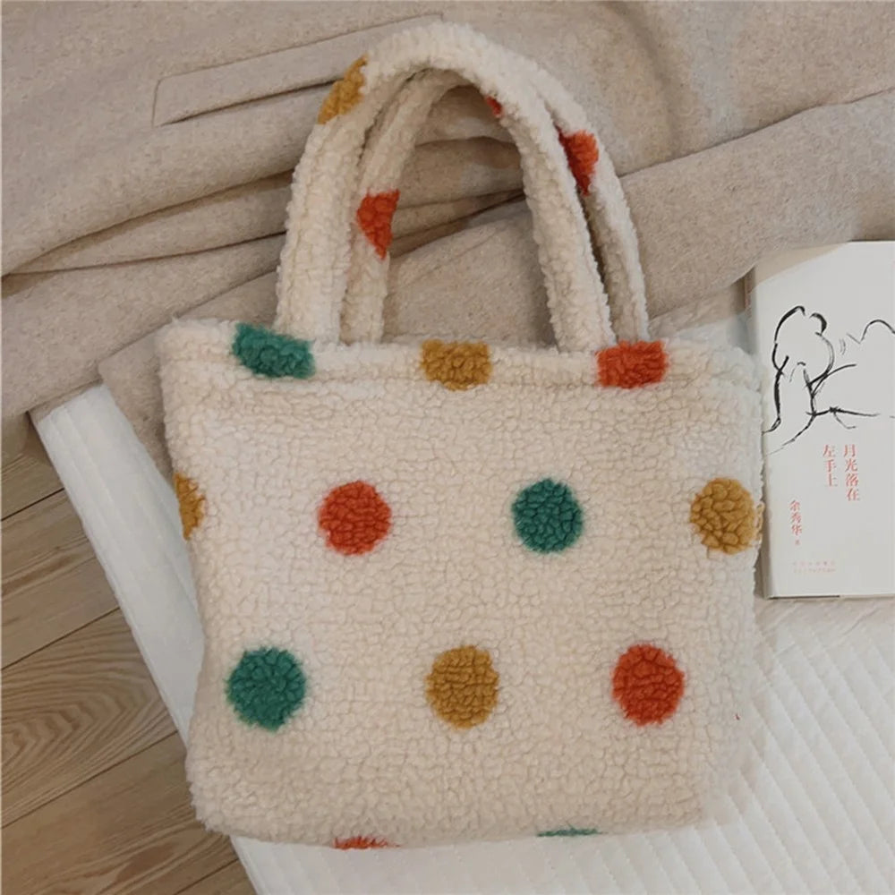 561 Vintage Polka Dot Fluffy Handbag Women Furry Tote Bag for Autumn and Winter - 3
