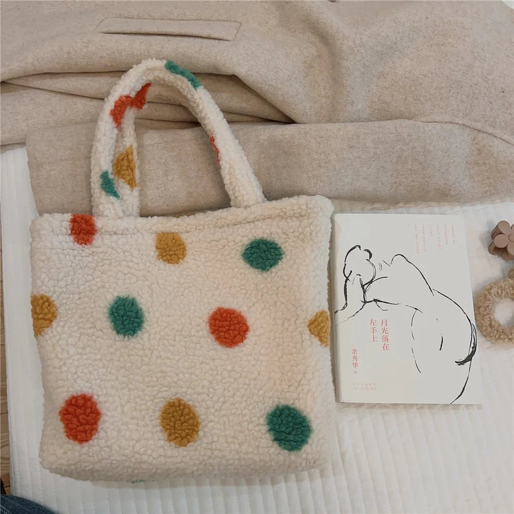 561 Vintage Polka Dot Fluffy Handbag Women Furry Tote Bag for Autumn and Winter - 4