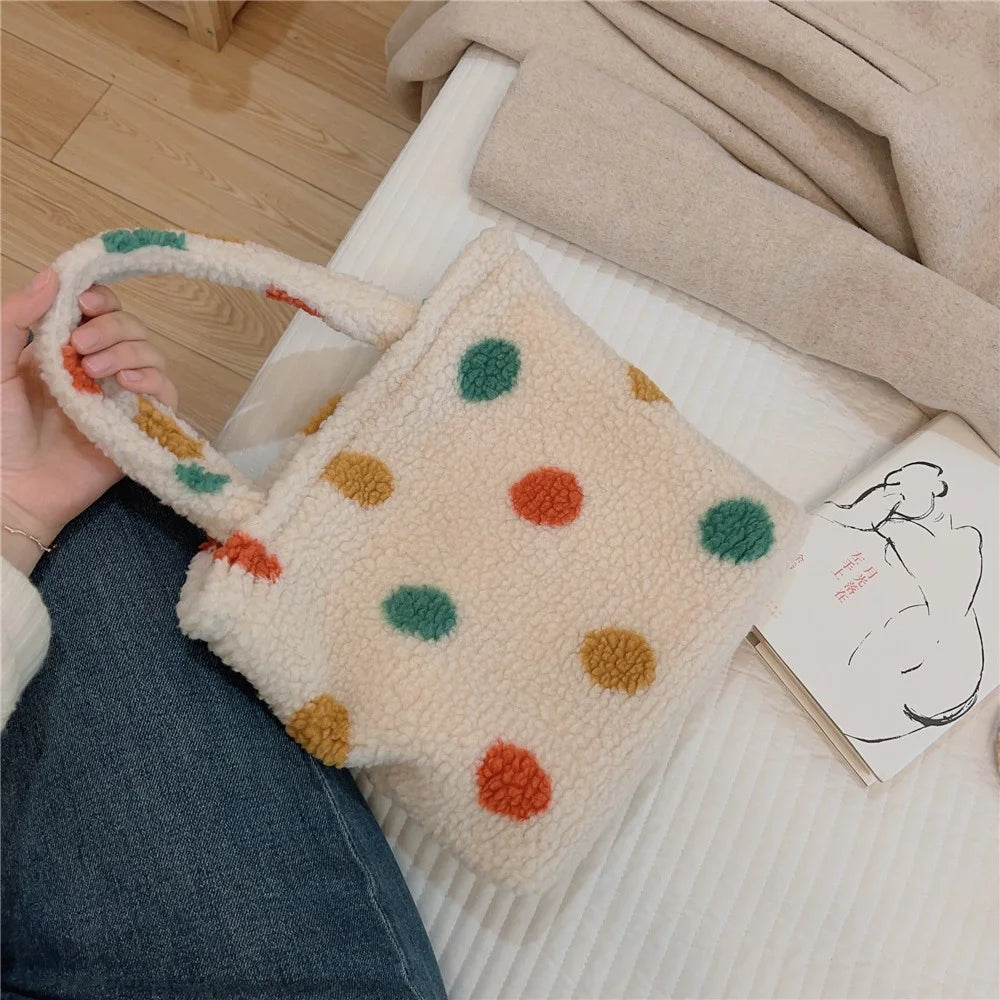 561 Vintage Polka Dot Fluffy Handbag Women Furry Tote Bag for Autumn and Winter - 5
