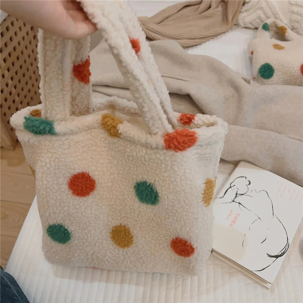 561 Vintage Polka Dot Fluffy Handbag Women Furry Tote Bag for Autumn and Winter - 6