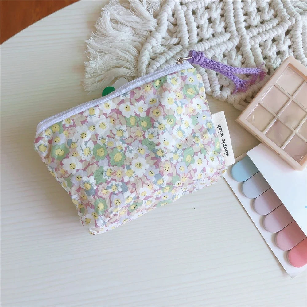 191 Canvas Coin Storage Bag Pouch Zipper Small Change Purse Card Key Holder Mini Wallet - Light Purple Flower - 2
