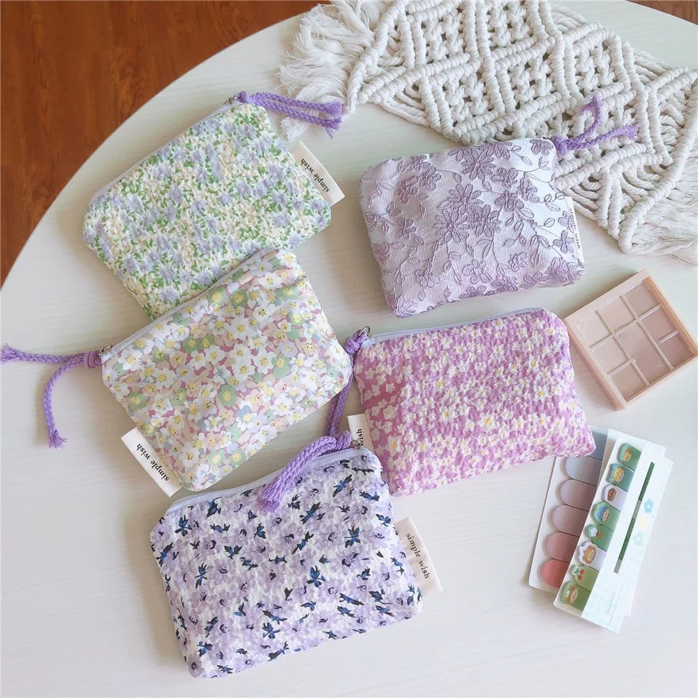 191 Canvas Coin Storage Bag Pouch Zipper Small Change Purse Card Key Holder Mini Wallet - Light Purple Flower - 5