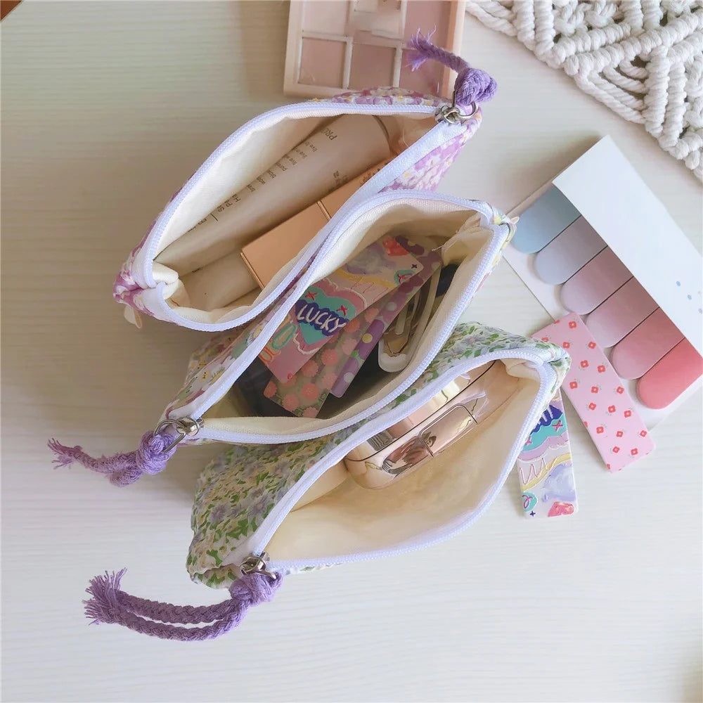 191 Canvas Coin Storage Bag Pouch Zipper Small Change Purse Card Key Holder Mini Wallet - Light Purple Flower - 7