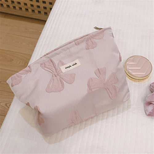 45 Travel Toiletry Organizer Retro Bowknot Jacquard Makeup Bag Women Canvas Cosmetic Pouch - Light Purple - 1