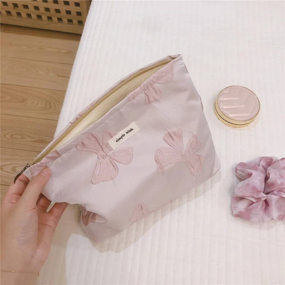 45 Travel Toiletry Organizer Retro Bowknot Jacquard Makeup Bag Women Canvas Cosmetic Pouch - Light Purple - 2