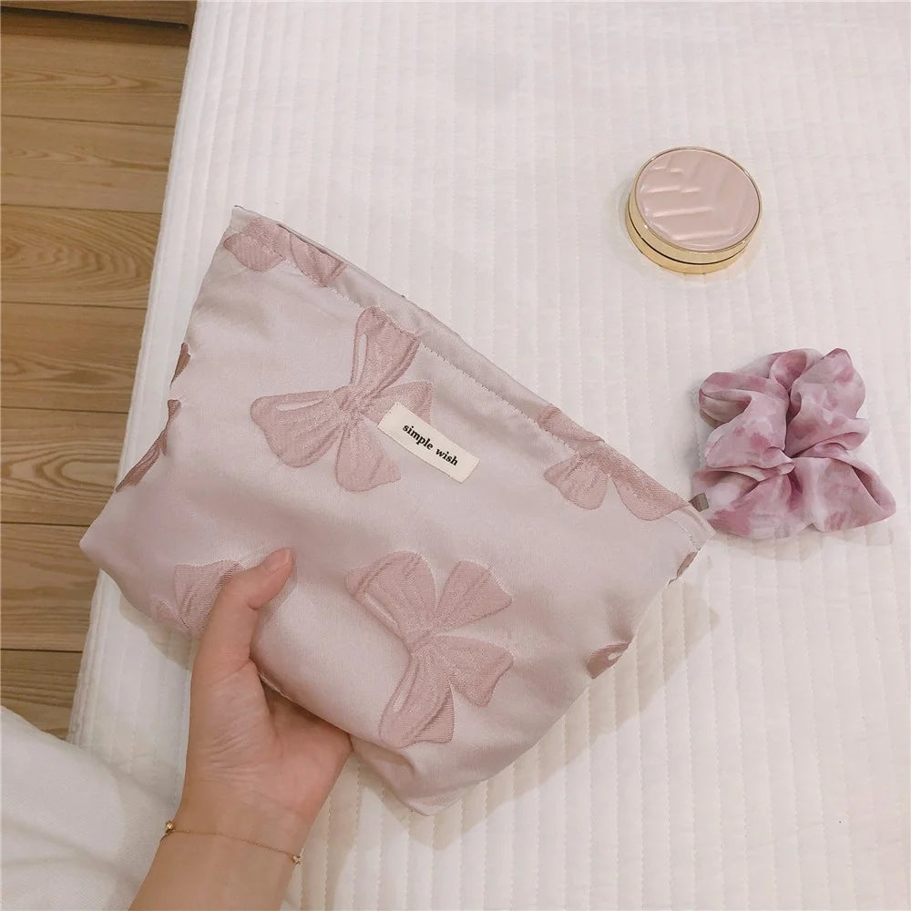 45 Travel Toiletry Organizer Retro Bowknot Jacquard Makeup Bag Women Canvas Cosmetic Pouch - Light Purple - 3