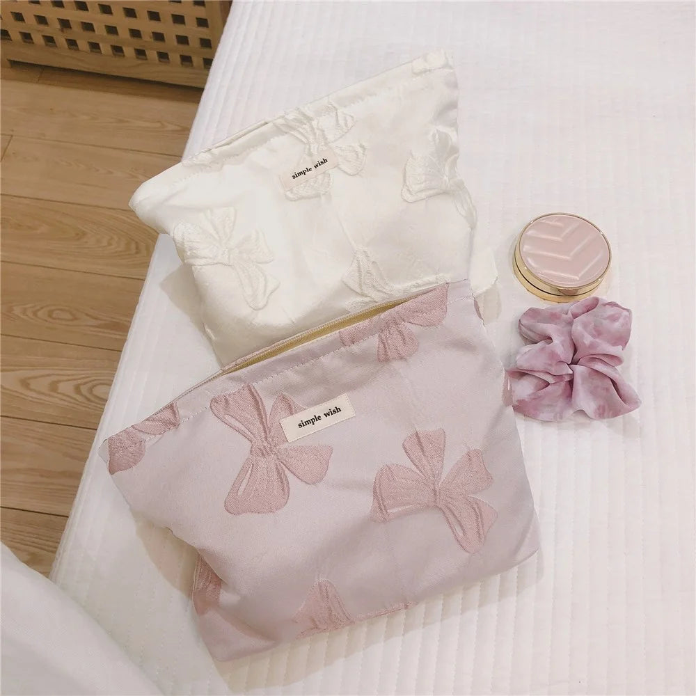 45 Travel Toiletry Organizer Retro Bowknot Jacquard Makeup Bag Women Canvas Cosmetic Pouch - Light Purple - 4