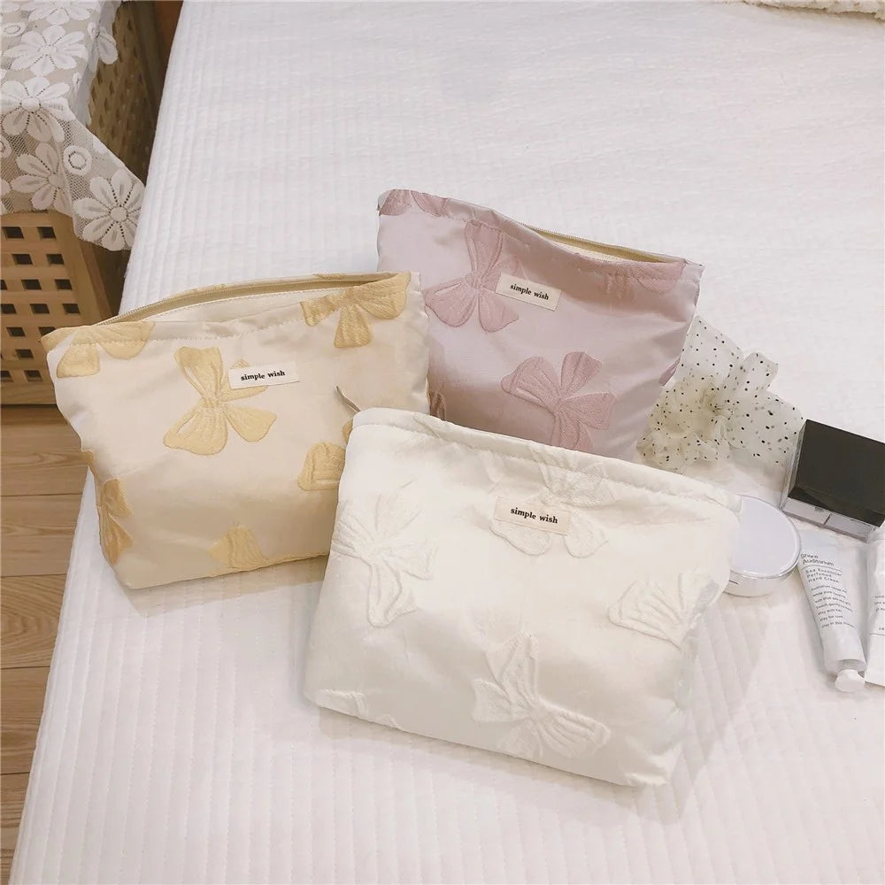 45 Travel Toiletry Organizer Retro Bowknot Jacquard Makeup Bag Women Canvas Cosmetic Pouch - Light Purple - 5