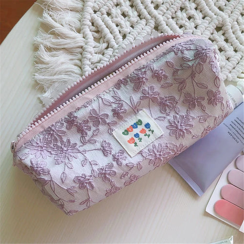 176 Flower Design Women Toiletry Organizer for Traveling Portable Canvas Makeup Bag - Light Purple / Embroidered Flowers - 1