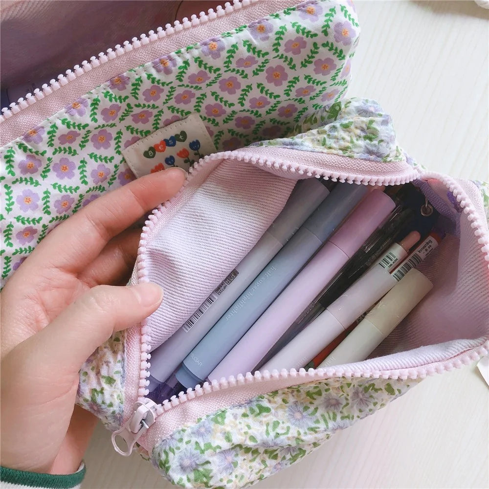 176 Flower Design Women Toiletry Organizer for Traveling Portable Canvas Makeup Bag - Light Purple / Embroidered Flowers - 3