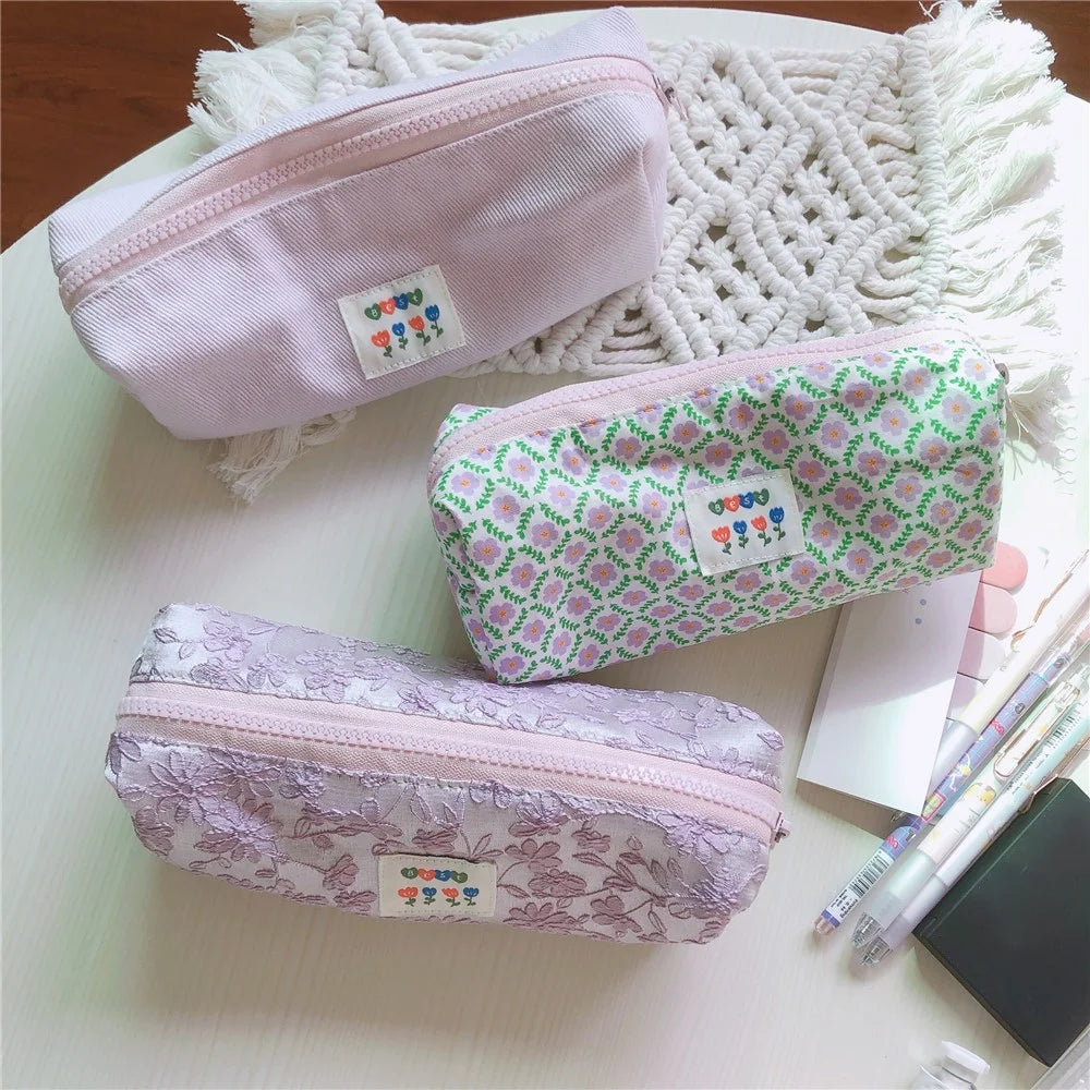 176 Flower Design Women Toiletry Organizer for Traveling Portable Canvas Makeup Bag - Light Purple / Embroidered Flowers - 6