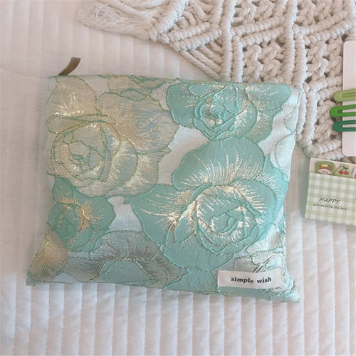 456 Rose Flower Gold Silk Jacquard Makeup Bag Travel Toiletry Organizer Small Size Cosmetic Pouch - Light Green - 1