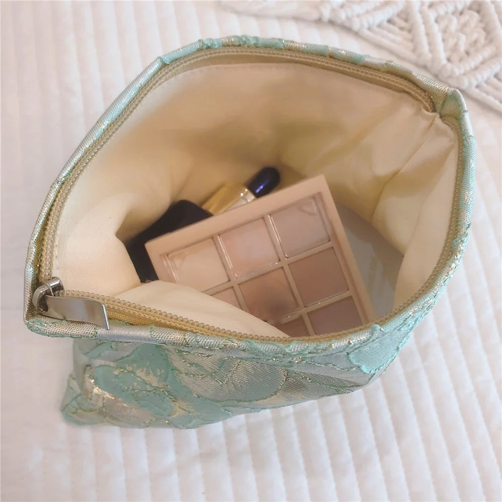 456 Rose Flower Gold Silk Jacquard Makeup Bag Travel Toiletry Organizer Small Size Cosmetic Pouch - Light Green - 2