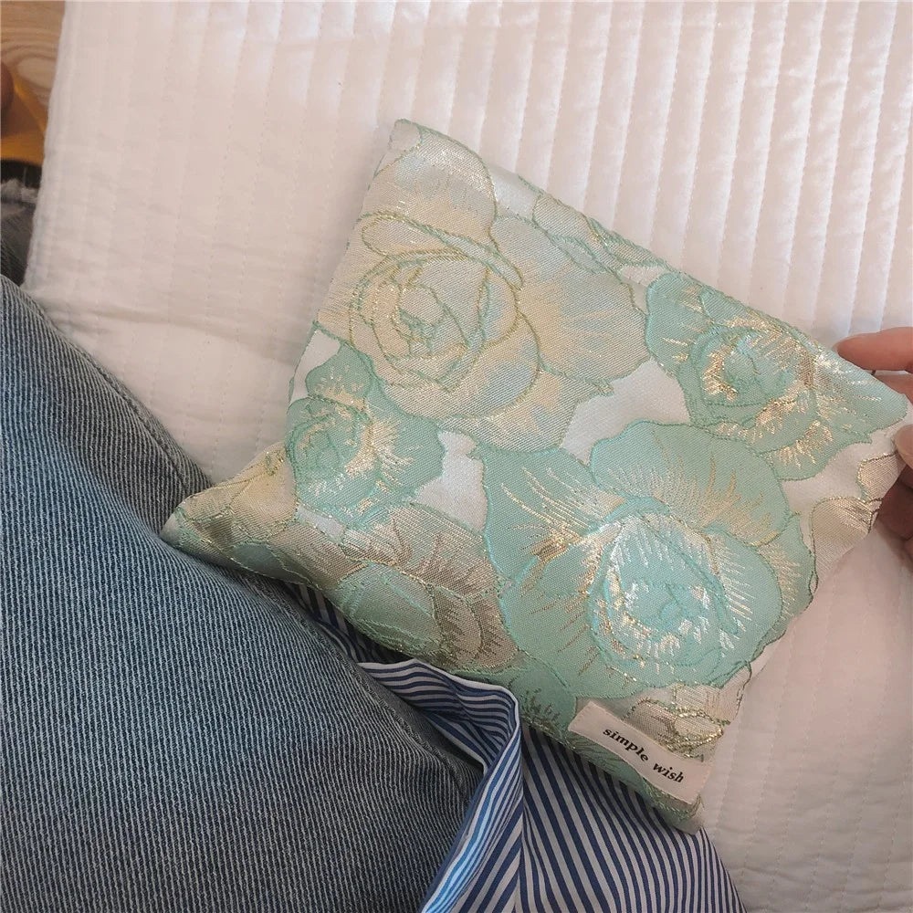 456 Rose Flower Gold Silk Jacquard Makeup Bag Travel Toiletry Organizer Small Size Cosmetic Pouch - Light Green - 5