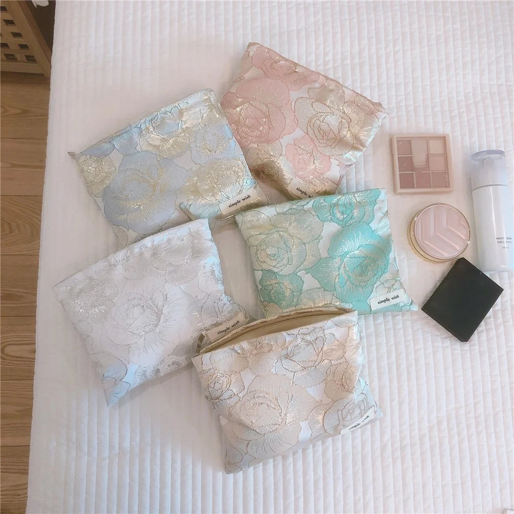 456 Rose Flower Gold Silk Jacquard Makeup Bag Travel Toiletry Organizer Small Size Cosmetic Pouch - Light Green - 6