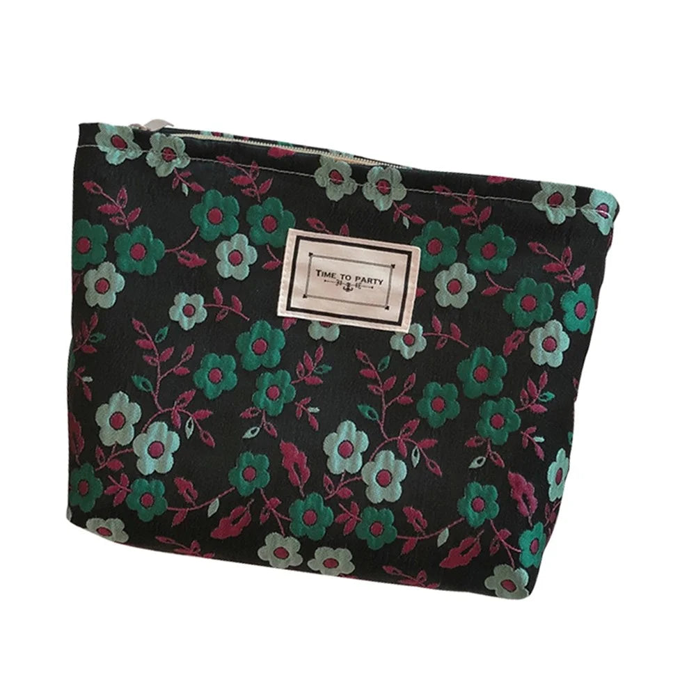 399 Portable Cosmetic Pouch Fashion Flower Pattern Travel Makeup Bag Women Toiletry Organizer - Black - 1