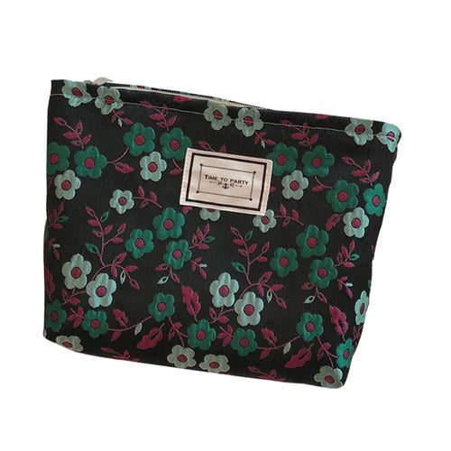 399 Portable Cosmetic Pouch Fashion Flower Pattern Travel Makeup Bag Women Toiletry Organizer - Black - 1