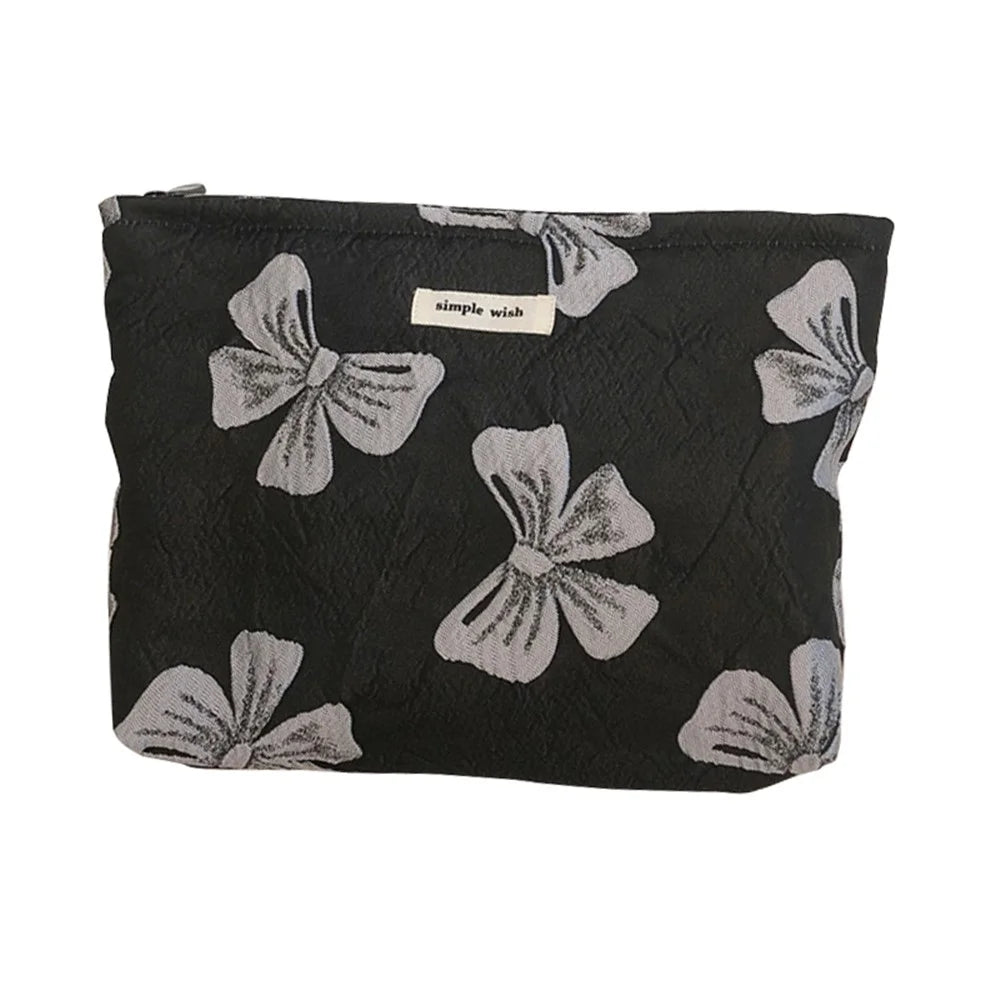 139 Bowknot Jacquard Makeup Bag Travel Toiletry Organizer Women Canvas Cosmetic Pouch - Black / Grey Bowknot - 1