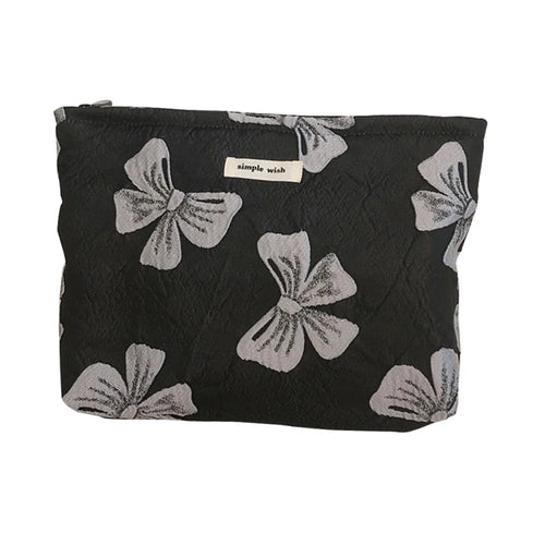 139 Bowknot Jacquard Makeup Bag Travel Toiletry Organizer Women Canvas Cosmetic Pouch - Black / Grey Bowknot - 1