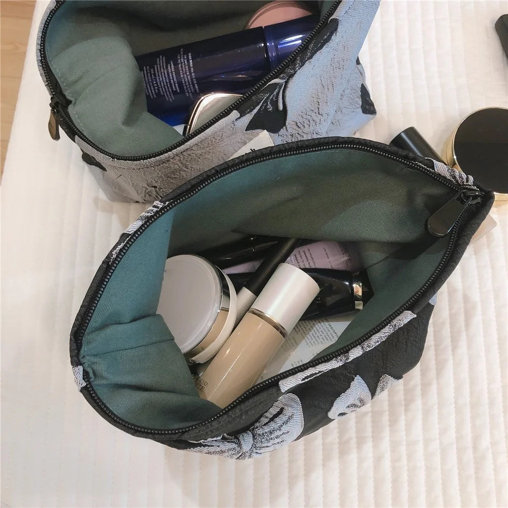 139 Bowknot Jacquard Makeup Bag Travel Toiletry Organizer Women Canvas Cosmetic Pouch - Black / Grey Bowknot - 2