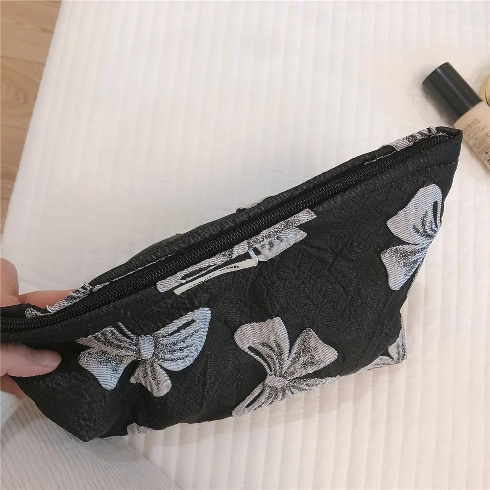 139 Bowknot Jacquard Makeup Bag Travel Toiletry Organizer Women Canvas Cosmetic Pouch - Black / Grey Bowknot - 3