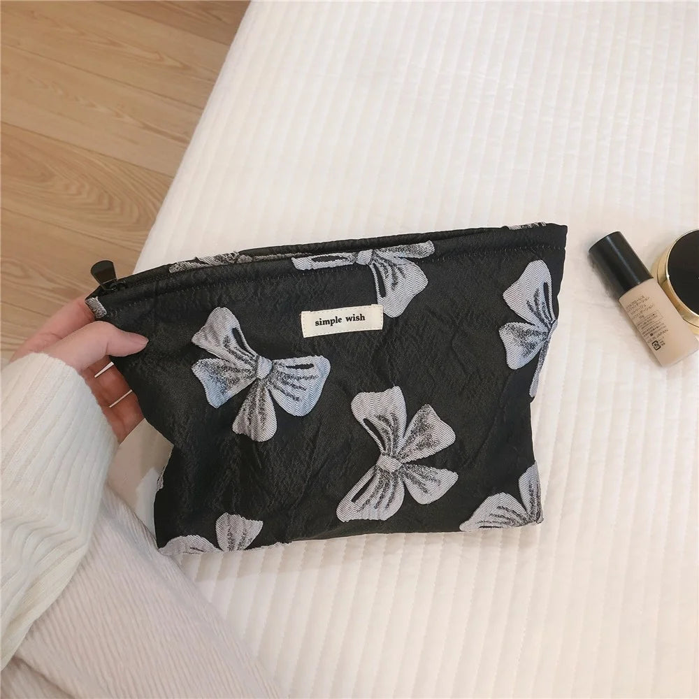 139 Bowknot Jacquard Makeup Bag Travel Toiletry Organizer Women Canvas Cosmetic Pouch - Black / Grey Bowknot - 4