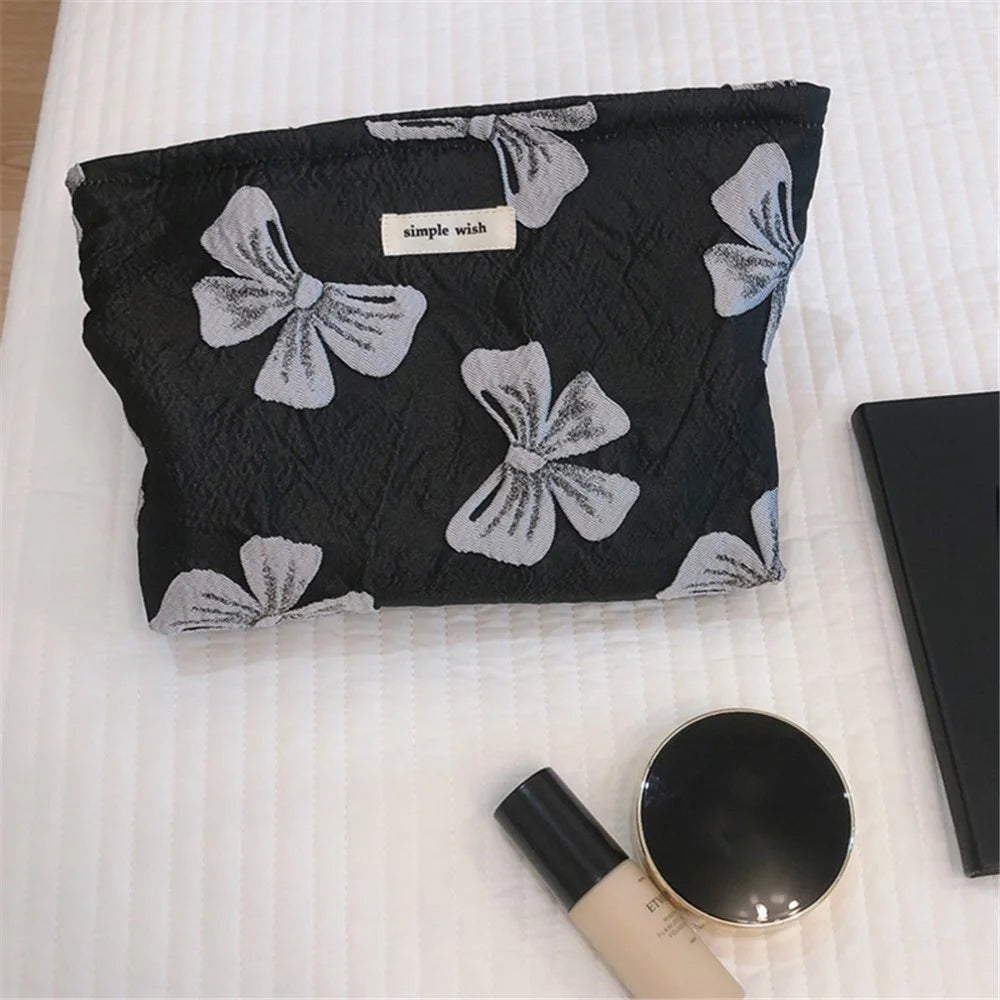 139 Bowknot Jacquard Makeup Bag Travel Toiletry Organizer Women Canvas Cosmetic Pouch - Black / Grey Bowknot - 5