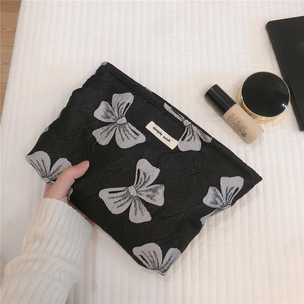 139 Bowknot Jacquard Makeup Bag Travel Toiletry Organizer Women Canvas Cosmetic Pouch - Black / Grey Bowknot - 6