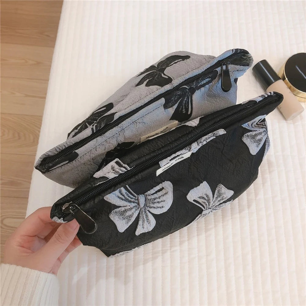 139 Bowknot Jacquard Makeup Bag Travel Toiletry Organizer Women Canvas Cosmetic Pouch - Black / Grey Bowknot - 7